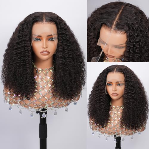 FASHION PLUS Full Lace Human Hair Wigs Curly Wave Human Hair Wigs, 16Inch Invisible Curly Full Lace Frontal Wigs, 15A Grade 200% Density Pre Plucked Virgin Human Hair 100% Hand-tied, Natural Color by FASHIONPLUS