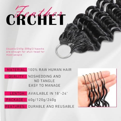 Human Crochet Hair for Black Women 18 Inch 120g Miracle Knots Hair Deep Wave Feather Crochet Human Hair Bundles Invisible Boho Crochet Hair Extensions Natural Black - Image 4