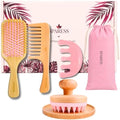 Bamboo Hair Brush and Comb Set for Women & Teens – Paddle Brush, Wide Tooth Comb, Scalp Massager, Gua Sha Comb & Cotton Bag, Pink Aesthetic Self Care Gift Set by Unknown