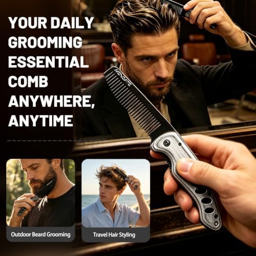 1PC Wooden Beard Comb for Men - Folding & Secure Lock & Pocket clip, 0.12lb - Image 2