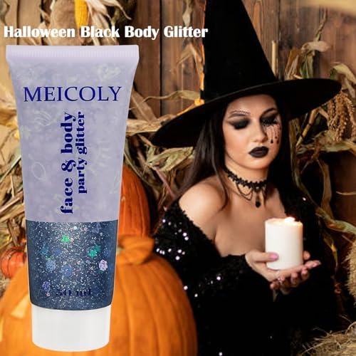 MEICOLY Black Face Glitter, Holographic Mermaid Hair Glitter for Game Day Spirit Day Halloween Cosplay SFX Makeup, Self-Adhesive Chunky Body Glitter Gel for Women and Kids, Professional Body Paint - Image 5