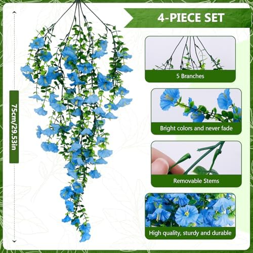 4-Pack Fake Hanging Plants, Faux Hanging Plant Artificial Greenery for Living Room Bedroom Boho Wall Shelf Indoor Outdoor Decor (Blue Morning Glory) - Image 3