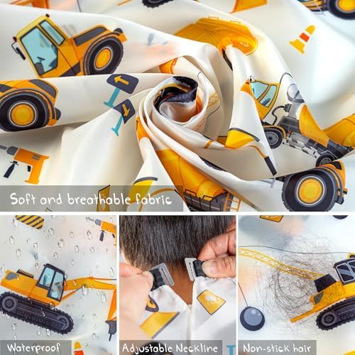 Gealaek Kids Haircut Cape and Neck Duster Brush Set with Construction Site Pattern Kids Barber Cape 55x40 Inches for Boys & Girls Salon Cape Kit (White) - Image 3