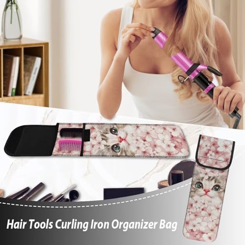 Flat Iron Travel Case Portable Curling Iron Case Heat Resistant Travel Bag Hair Straightener Curler Storage Bag Hair Accessories Organizer Cat Cherry Blossom - Image 4