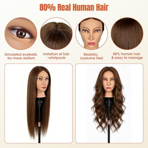 26''Real Hair Mannequin Head,TopDirect 80% Amber Brown Hairdresser Cosmetology Mannequin Doll Head Styling,Manikin Heads Hairs Braiding DIY Styling with Clamp Holder and Tools Set - Image 5