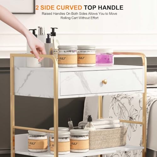 Salon Rolling Trolley with Lockable Wheels Barber Cart with Storage Drawer Mobile Hair Station Cabinet for Beauty Makeup Esthetician Spa Massage (White Marble+one Drawer+Two Shelves) - Image 6