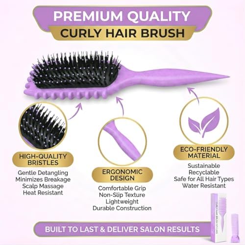 Curl Defining Brush with Hair Clip for Wet Curly Hair, Purple Detangling Curly Hair Brush for Frizz Control & Defined Curls, Bewelio Bounce Curl Brush - Image 2