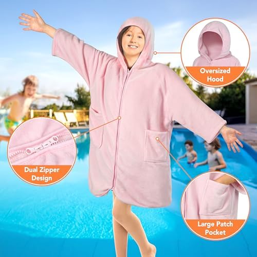 SUN CUBE Kids Hooded Towel Robe, Zip-Up Fleece Swim Cover Up, Ages 7-12 - Image 3