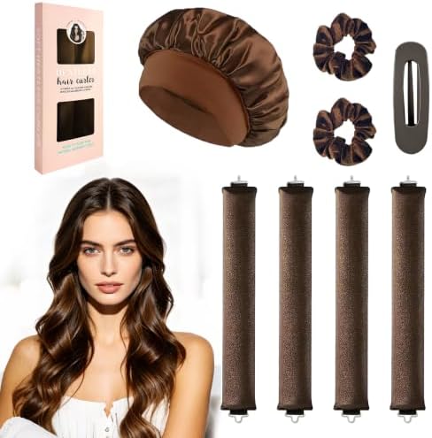 Heatless Curls Overnight Set, 4 Heatless Curling Rods with Satin Bonnet by IKKAB