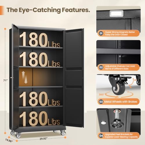 Yizosh Black Rolling Metal Garage Storage Cabinet,Kitchen Storage Cabinet - Image 3