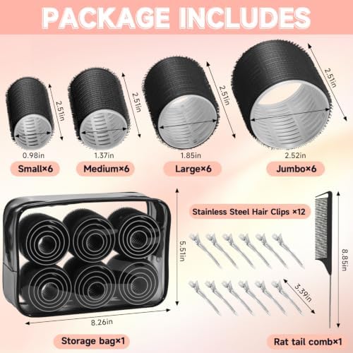 IKOCO Hair Rollers for Women, 4 Sizes with Clips, Comb & Travel Bag, Black - Image 2