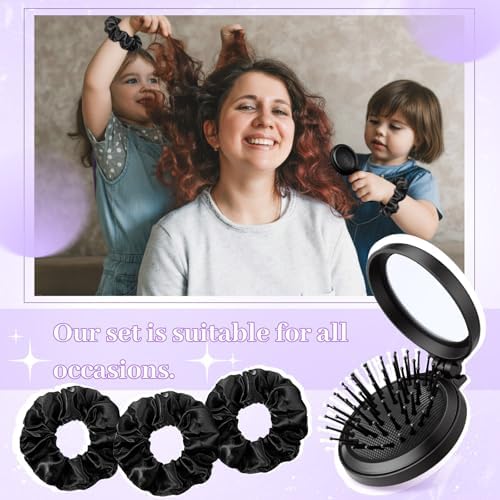 Sliner 24 Pcs Mini Hair Brush with Mirror and Scrunchies, Black - Image 5