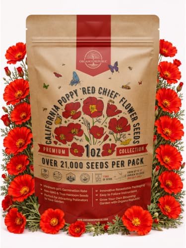 California Poppy Red Chief Seeds 1oz Over 21,000 Non-GMO Heirloom Eschscholzia californica Seeds for Planting, Individual Seed Packet, Planting Home Garden Indoor & Outdoor by OrganoRepublic