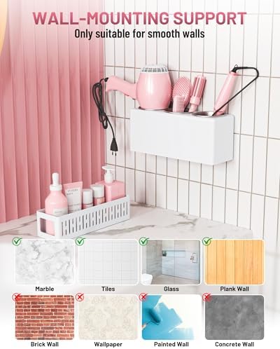Hair Tool Organizer, Detachable Hair Dryer Holder with 3 Stainless Steel Cups, Wall Mounted Bathroom Organizers and Storage for Accessories, Curling Irons, Straighteners, Toiletries, Makeup - Image 5