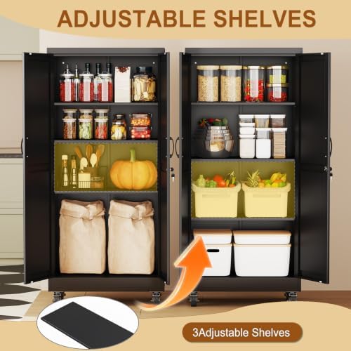 61" Metal Garage Storage Locker Cabinet with Wheels,Rolling Black Lockable Tool Cabinet with 2 Doors and 3 Adjustable Shelves, Steel Office File Cabinet for Home Office Warehouse Gym - Image 5