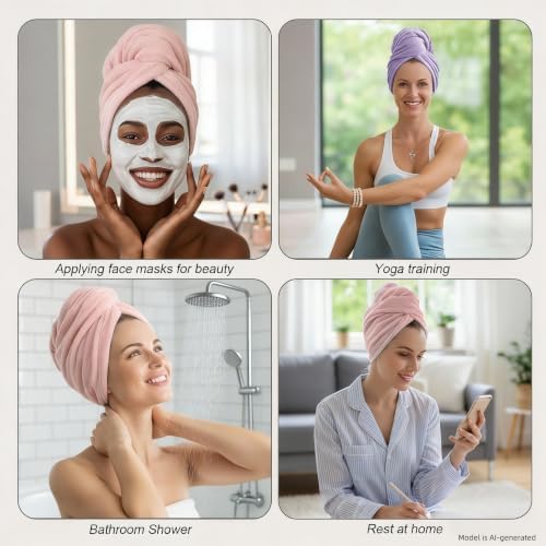 3 Pack Pink Microfiber Hair Towel Wrap with Bear Button, Super Absorbent Quick Dry Hair Turban for Women,Soft Hair Drying Cap for Long Thick Curly Hair, Shower Bath Travel Hair Wrap - Image 4