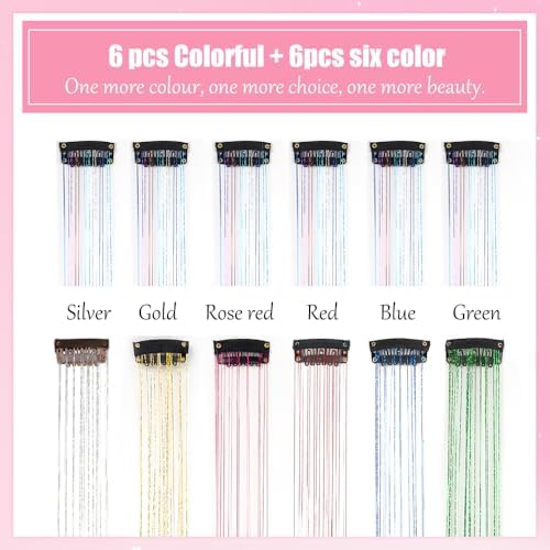 Six Color Hair Tinsel Pack of 24 Inch Clip in Hair Tinsel Colorful Glitter Tinsel Hair Extensions Tinsel Fairy Hair Party Dazzle Hair Accessories Strands Kit(6 Pcs Colorful+6 Pcs Six Color#) - Image 4
