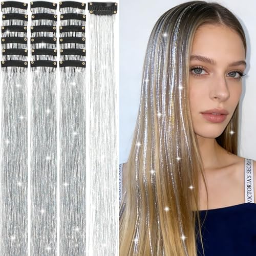 Hair Tinsel Kit 18 Pcs Hair Tinsel Clip in Fuller Sparkle, Heat Resistant Clip in Glitter Tinsel Hair Extensions Fairy Silver Hair Accessories for Women Girls Daily Party Festival (Silver) by Unknown