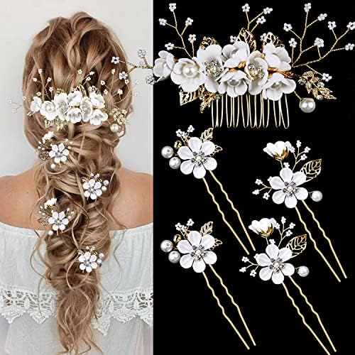 5 PCS Bridal Flower Wedding Hair Pins Crystal Pearl Hair Clips Headpiece Gold Wedding Hair Accessories Jewelry with Rhinestone for Brides Bridesmaids Women Girls Updo (Pure White Flower) by LAPOHI