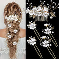 5 PCS Bridal Flower Wedding Hair Pins Crystal Pearl Hair Clips Headpiece Gold Wedding Hair Accessories Jewelry with Rhinestone for Brides Bridesmaids Women Girls Updo (Pure White Flower) by LAPOHI