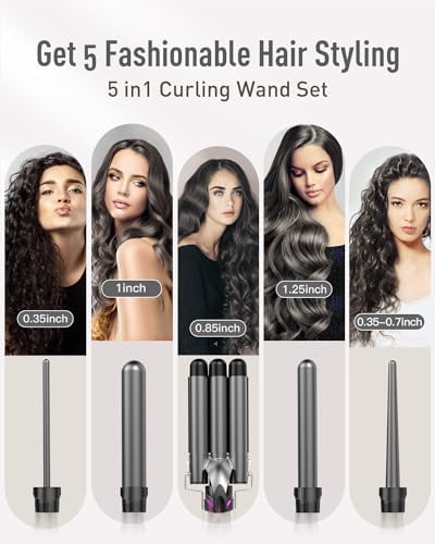 Waver Curling Iron Curling Wand - BESTOPE PRO 5 in 1 Curling Wand Set with 3 Barrel Hair Crimper for Women, Fast Heating Crimper Wand Curler in All Hair Type - Gray, 1Pack - Image 2