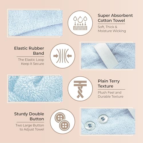 Lili&James 100% Cotton Hair Towel Wrap for Women & Kids – 420 GSM Quick Dry Hair Turban with Double Button Loop, Anti Frizz Non Microfiber Hair Drying Towel for Long & Thick Hair (Blue+Pink+Aqua) - Image 5