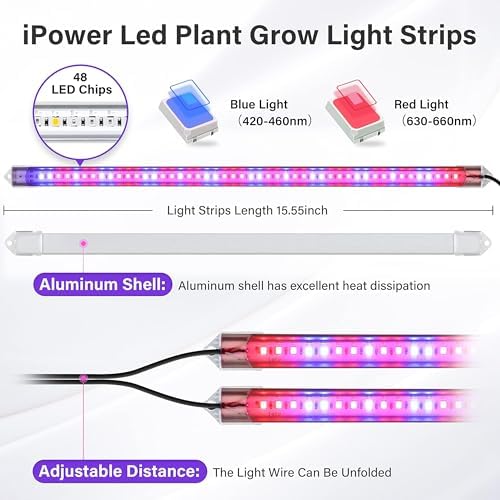 iPower 2Pack 20W LED Grow Lights with Full Spectrum Plant Growing Light Strips for Indoor Plant with Auto ON/Off 3/9/12H Timer, 10 Dimmable Levels 48 LEDs Per Tude, 2 Tubes, Red&Blue - Image 2