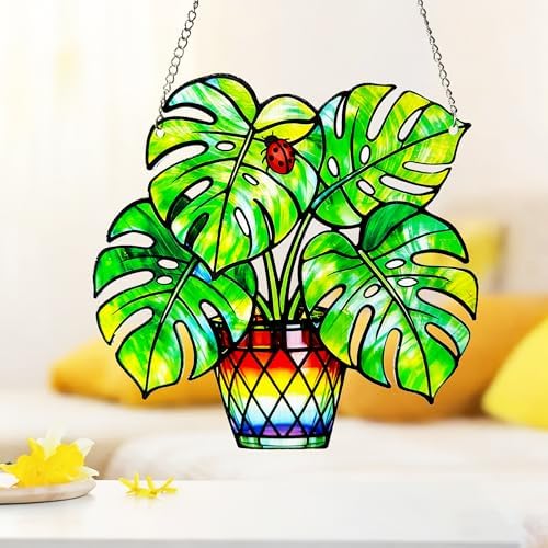 Plant Suncatcher Glass, Stained Glass Suncatcher Plant Window Hanging, Unique Nature Lover Gifts Leaf (Monstera) - Image 2