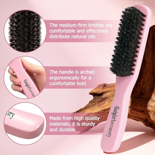 Boar Bristle Slick Back Hair Brush for Smooth Flyaways, Frizz, Sleek Ponytail, Buns and Edge Baby Hair, Teasing | Hair Comb, Edge Brush, Teasing Brush Styling Accessories for Kids, Women & Men (Pink) - Image 2