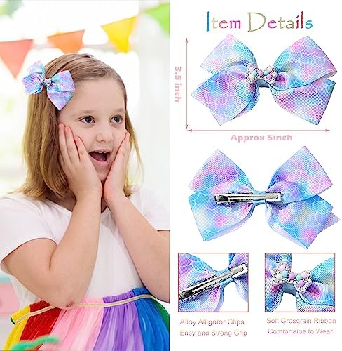 5 Inch Hair Bows for Girls,Colorful Rainbow Heart Girls Hair Bows - Image 5
