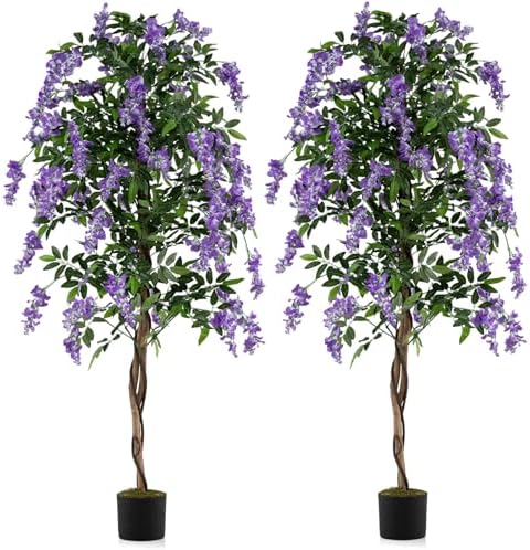 Goplus 6FT Ficus Artificial Tree, 2 Pack Faux Wisteria Tree in Nursery Pot with Purple Lifelike Flowers, Fake Potted Tree Greenery Floor Plant for Indoor Home Office Porch Living Room Decor by Goplus