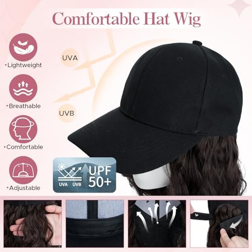 SEGO Baseball Cap with Hair Extensions for Women Heat Resistant Synthetic 8" Adjustable Long Curly Hairpiece Replacement Wigs in Black Hat for Girls 6A Dark Brown - Image 2