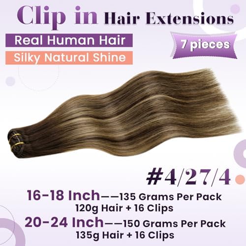 LaaVoo 150g Hair Extensions Clip Ins Human Hair Rich Brown Balayage - Image 2