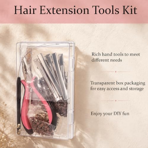 Hair Extension Tools Kit with Storage Case 500 Silicone Lined Ring Beads,1 Plier, 1 Threader,1 Crochet Hook,10 Curved Hair Needle,5 Hair Clips,5 Rolls Sewing Threads,100 Rubber Bands (Style2) - Image 3