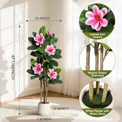4FT Artificial Fiddle Leaf Fig Tree with Magnolia Flowers, Faux Rubber Tree Floor Plant in White Planter, Realistic Fake Tree for Indoor Home Office Living Room Entryway Decor - Image 2