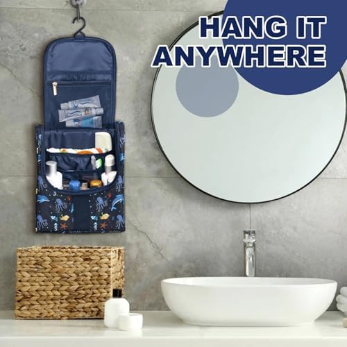 Remobia Hicol Cute Cartoon Hanging Kids Toiletry Bag Children Travel Cosmetic Makeup Organizer Wash Bag Shower bag Over Night Bag Camping Shaving Kit Bag for Boys & Girls (Sea World) - Image 5