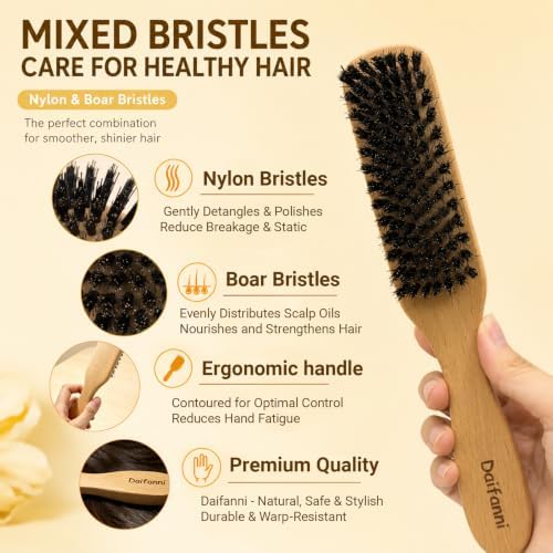 Slick Back Hair Brush with Boar Bristles Wooden Handle Smoothing Brush - Image 4