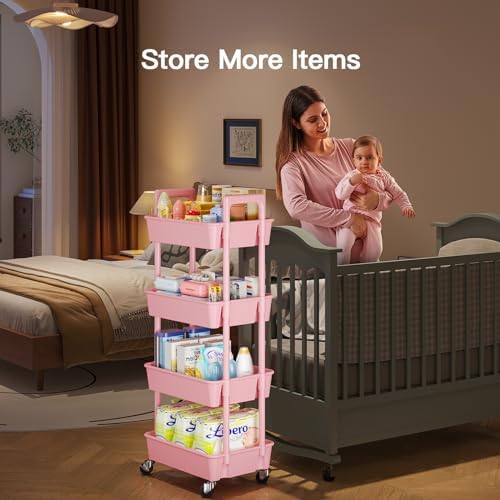 Pipishell 4 Tier Rolling Cart with Handle & Wheels for Storage, Pink - Image 3