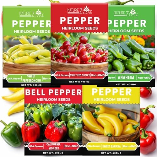 Sweet Pepper Seeds for Planting, Sweet Banana Pepper Seeds, Pepperoncini, Sweet Cherry Pepper Seeds, California Wonder Bell Pepper, and Anaheim, Heirloom Pepper Seed Assortment, Non-GMO by NatureZEdge