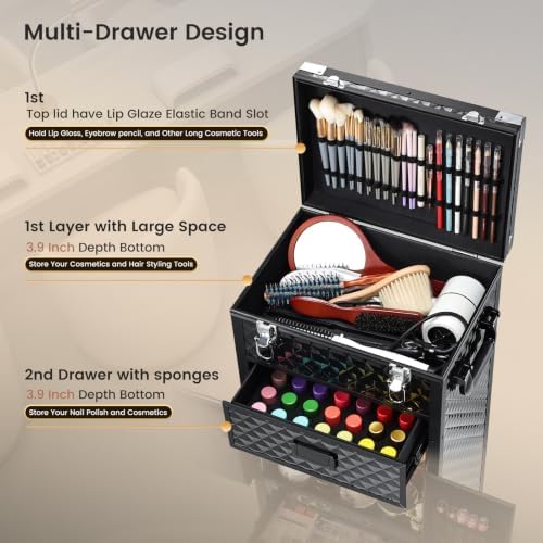 Rolling Makeup Case Salon Cart 5-In-1 Cosmetology Case on Wheels 3 Drawers - Image 3