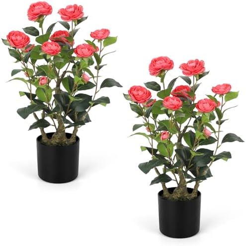 Romantic Season 2FT Pink Artificial Camellia Tree 2Pack, Faux Camellia Plant Fake Potted Camellia Flower Tree for Modern Home Office Living Room Floor Décor by RomanticSeason