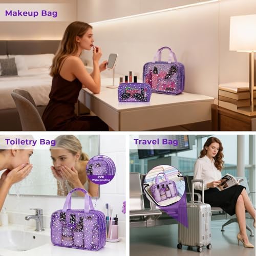 2PCS Clear Star Print Waterproof Makeup Bag, Lagre PVC Cosmetic Pouch with Zipper, Travel Toiletry Organizer for Women, Small Personal Item for Travel, Business Trip, Gym & Daily Use (Purple) - Image 5