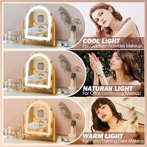 FENNIO Large Vanity Mirror with Lights - 15.5"x13" LED Lighted Makeup Mirror with Lights, 10X Magnification, Touch Screen with 3-Color Lighting, Dimmable, for Vanity Desk Tabletop, Bedroom（Gold） - Image 2