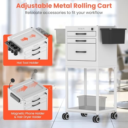 TASALON Salon Trolley Cart with Wheels, Lockable Metal Rolling Cart with Drawers, Magnetic Bowls & Phone Holder, Mobile Storage Organizer for Hair Stylist, Barber & Tattoo Supplies, White - Image 4