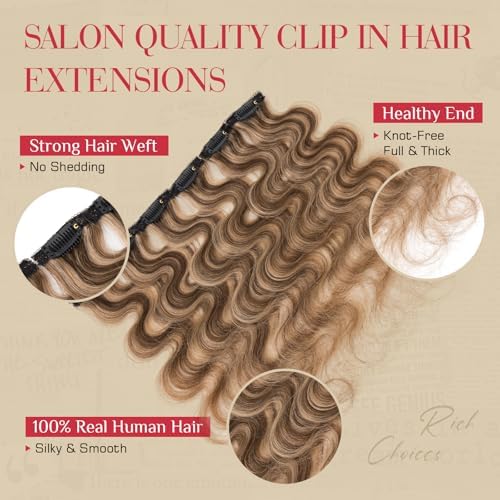 Rich Choices Clip In Hair Extension Real Human Hair-Wave/Curly 6 Pcs Single Clip Hairs Extension for Women-Invisible Mini Clips in Hairpieces-14 Inch #4P27 Medium Brown Highlighted Dark Blonde - Image 6
