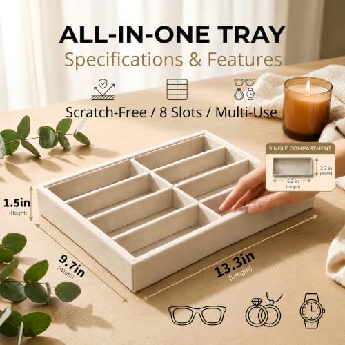 Amzlink® Sunglass Organizer Tray, 8 Slot Velvet Glasses Holder for Eyeglasses, Sunglasses, Jewelry & Watch Display, Men's/Women's Drawer Dresser Vanity Nightstand Storage, Beige - Image 2