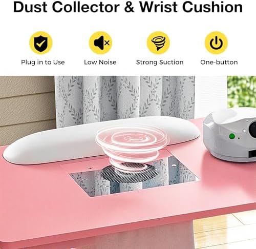 Manicure Table Nail Desk with Dust Collector & Wheels (Pink) - Image 4