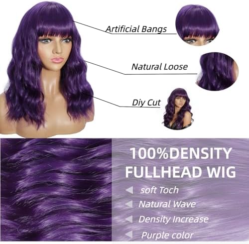 Sebast Pastel Bob Wigs with Bangs for Women Loose Wavy Wig Pastel Wavy Shoulder Length Bob Synthetic Cosplay Wig for Girl Colorful Costume Wigs (Purple) - Image 3