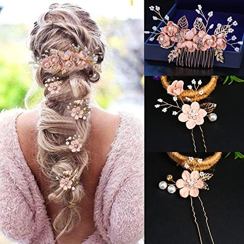 5 Pieces Bridal Flower Wedding Hair Pins Crystal Pearl Hair Combs Clips Headpiece Gold Wedding Hair Accessories Jewelry with Rhinestone for Brides Bridesmaids Women Girls Updo (Cherry Blossoms Pink) - Image 4