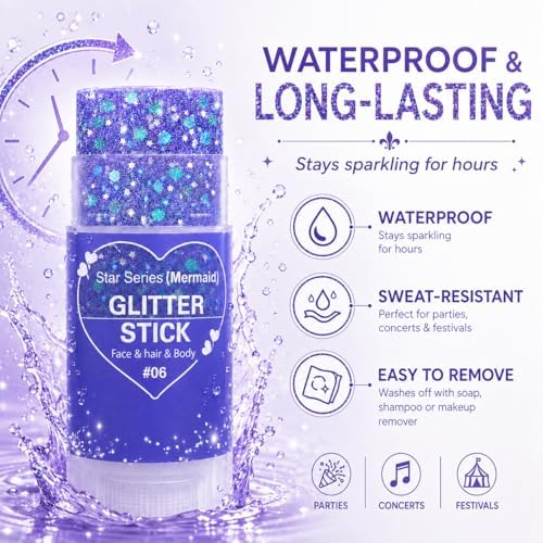 Purple Hair Glitter Stick for Kids, Mermaid Face Body Glitter Makeup with Chunky Sequins, Purple Glitter for Hair Face Body, Mardi Gras Accessories, Halloween Carnival Festival Rave Party (06Purple) - Image 5